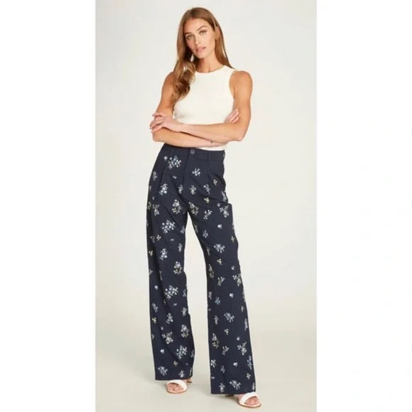 DRIFTWOOD Floral Embroidered Pleated Pants Navy Pinstripe Wide Leg Medium/Large - Picture 7 of 7